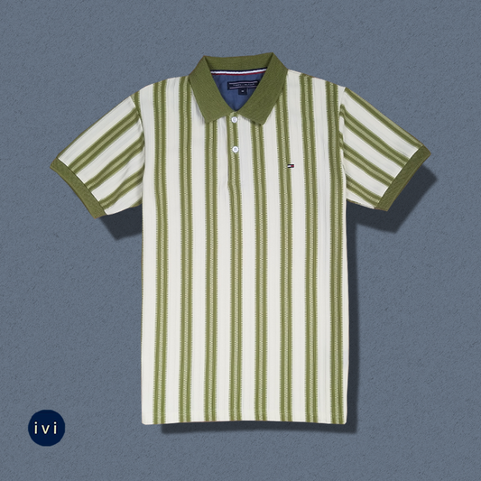 Olive Green Striped Polo– Cream & Olive Green